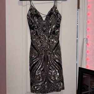 Backless black and silver homecoming dress